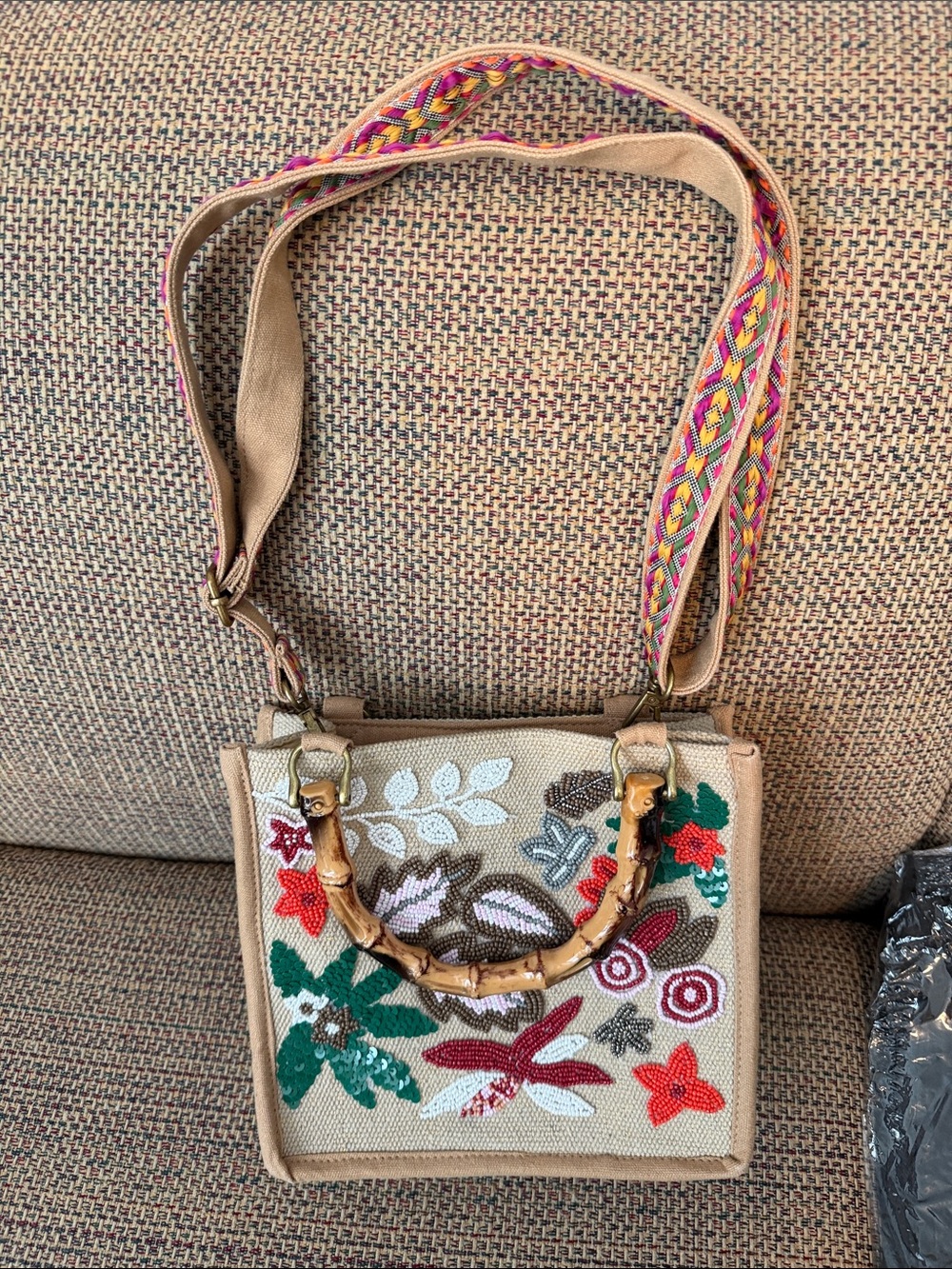 Beige Embroidered Floral Canvas Crossbody Bag with Bamboo Handle